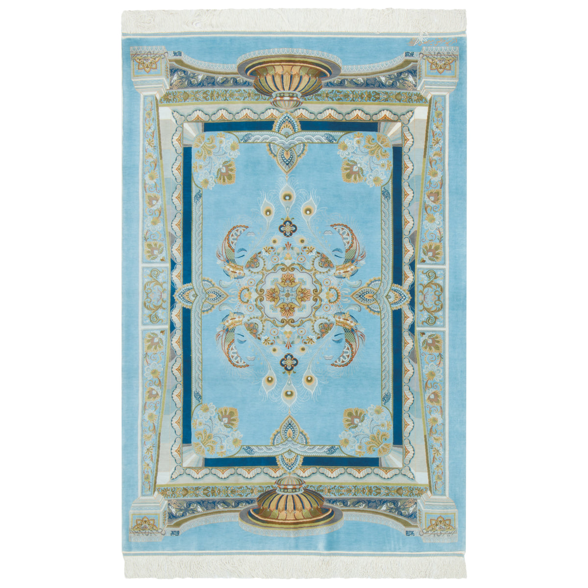 Qom Handmade Carpet by Seyed Morteza Mirmehdi, Medallion and Corner, Silk, Light Blue, 100 × 147 cm — 1016859