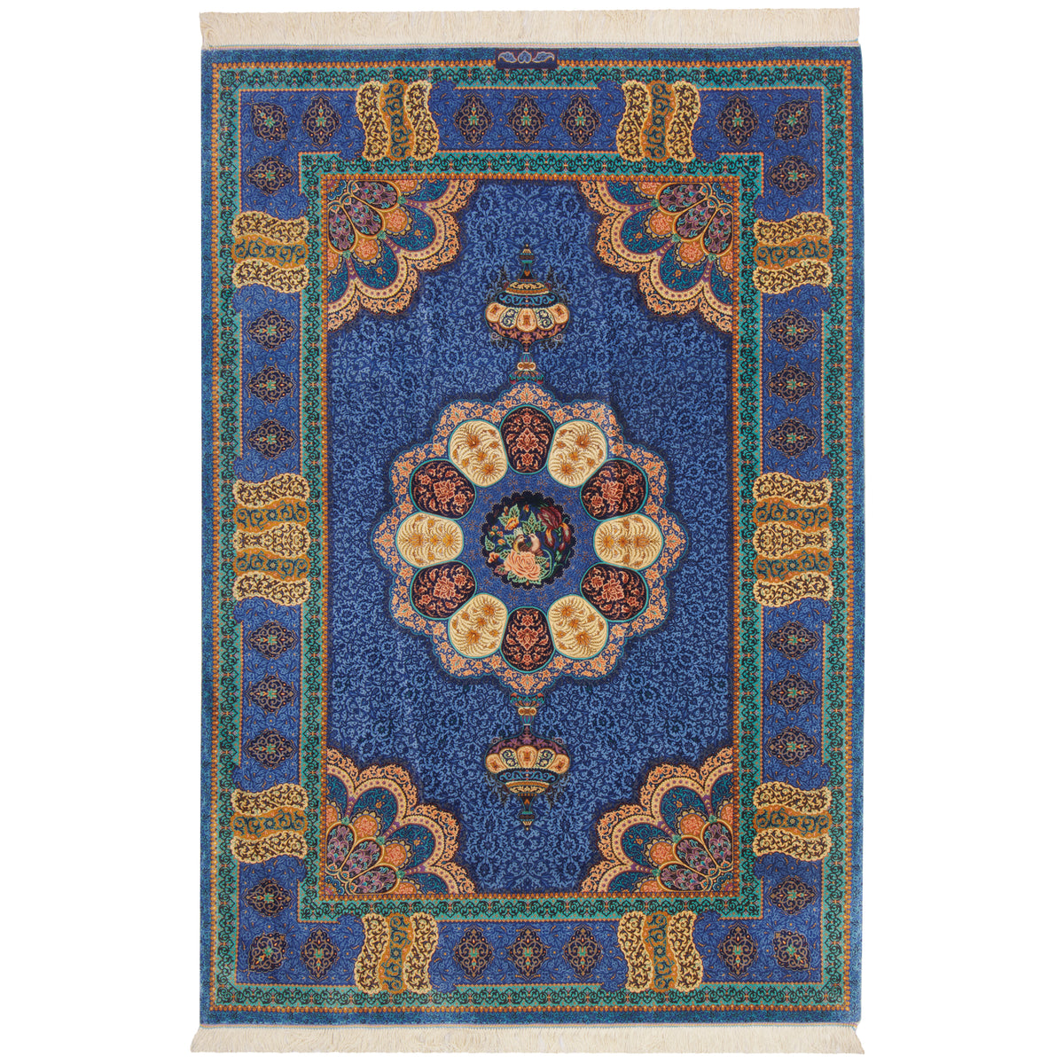 فرش دستباف طرح لچک ترنج تمام ابریشم آبی قم اثر حسین کاشی زاده 135 × 200 سانتی‌متر کد 1016785