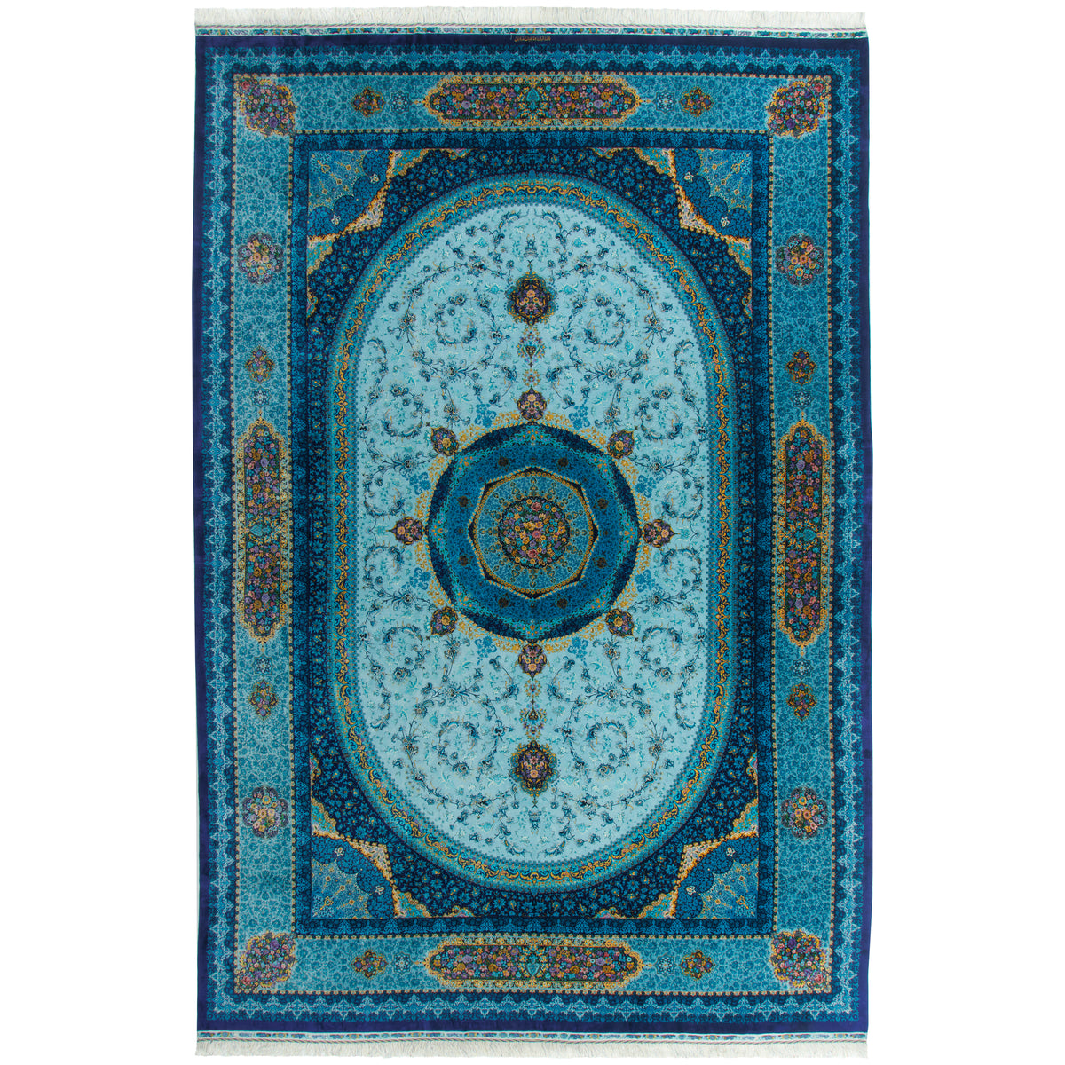 فرش دستباف طرح لچک ترنج تمام ابریشم فیروزه ای قم 350 × 520 سانتی‌متر کد 1016471