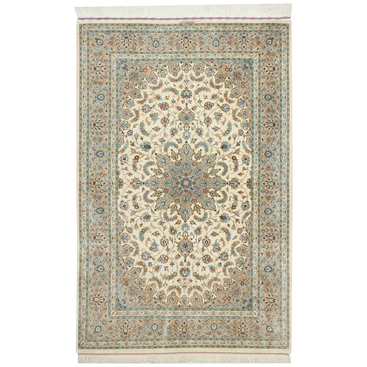 Qom Handmade Carpet by erami, Medallion and Corner, Silk, Ivory, 100 × 153 cm — 1017003