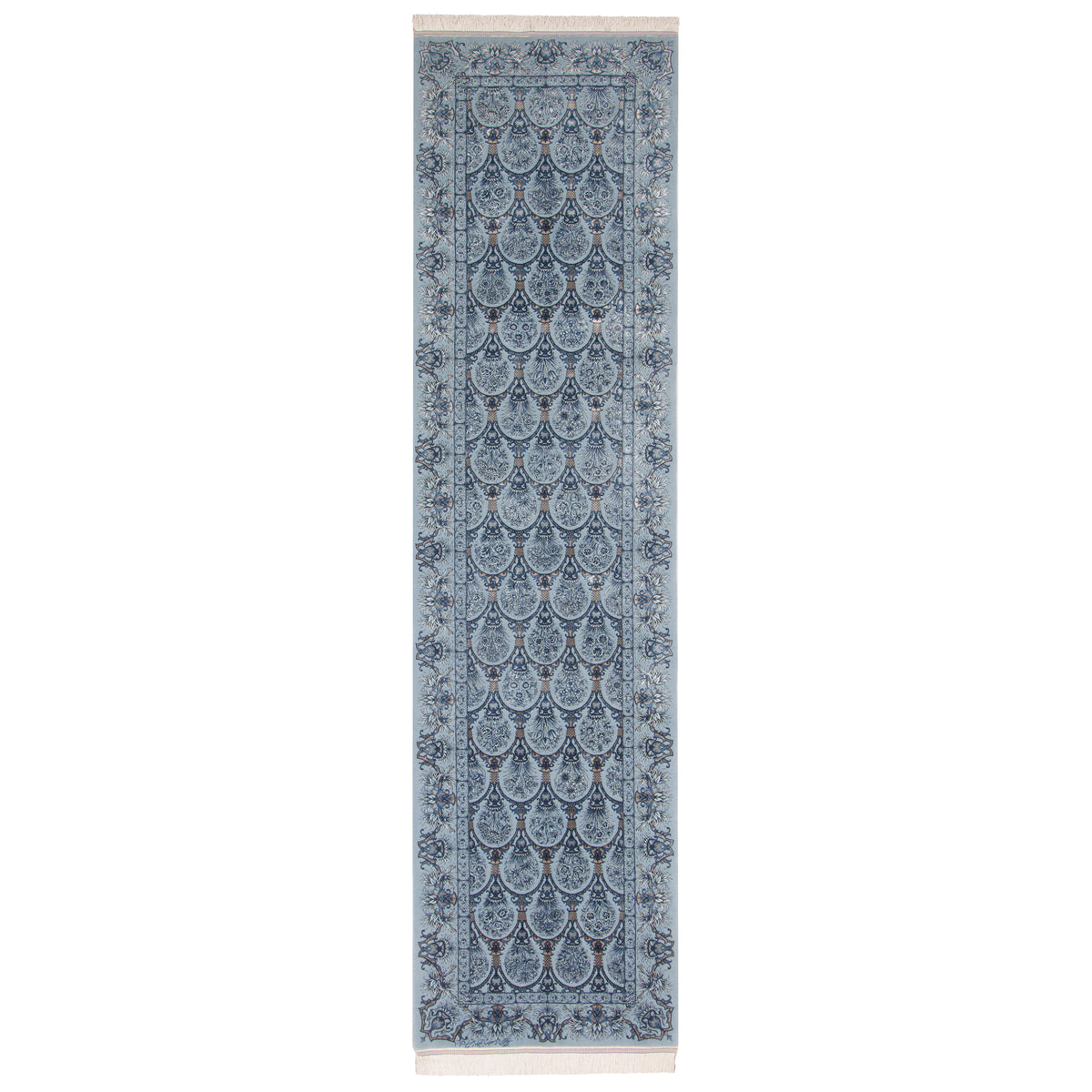 Qom Handmade Carpet by Seyed Morteza Mirmehdi, Allover, Silk, Grey, Runner, 80 × 310 cm — 1016942