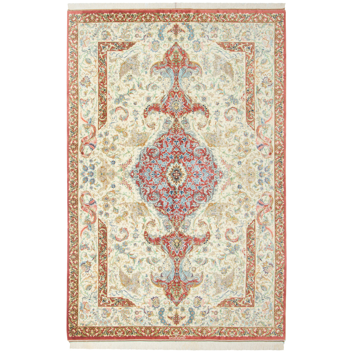 Qom Handmade Carpet by Mohammad Fani, Central Medallion, Silk, Ivory, 200 × 300 cm — 1016927