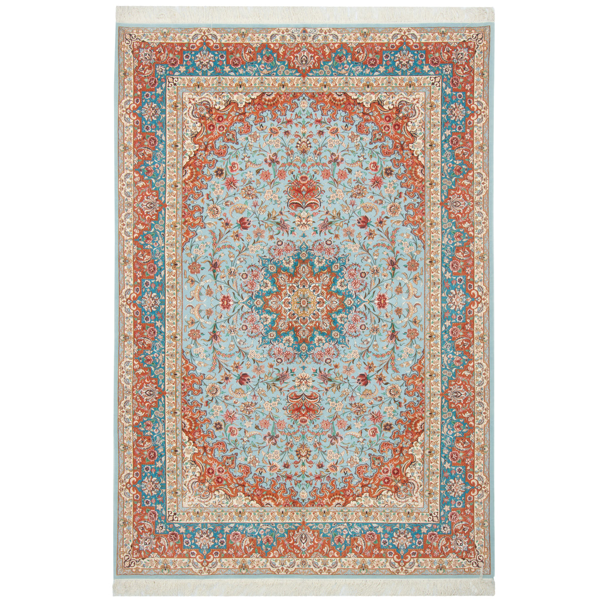 فرش دستباف طرح لچک ترنج گل ابریشم چله ابریشم فیروزه ای تبریز اثر شرکت فرش 216 × 315 سانتی‌متر کد 1016643