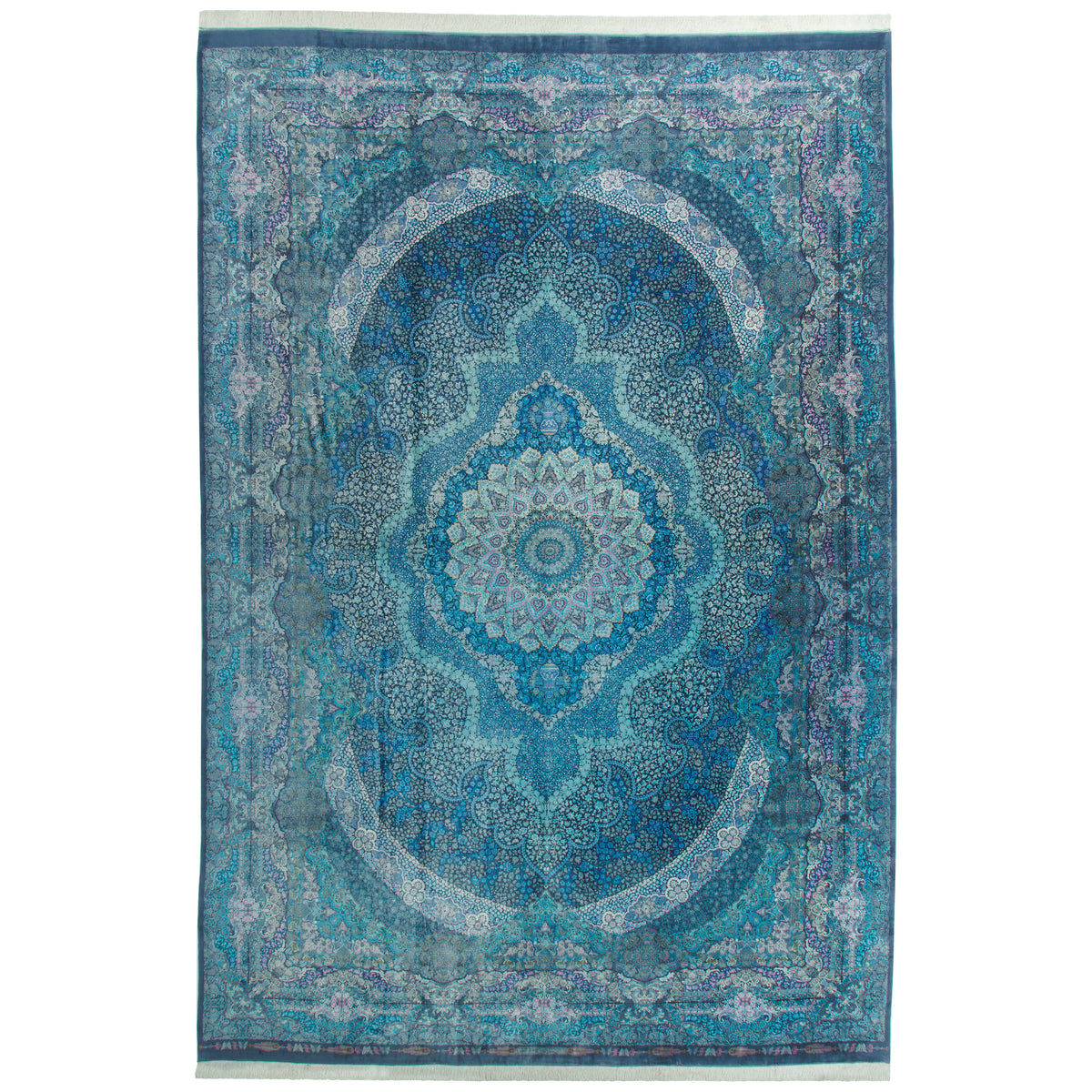Qom Handmade Carpet, Medallion and Corner, Silk, Turquoise, 335 × 500 cm — 1016483