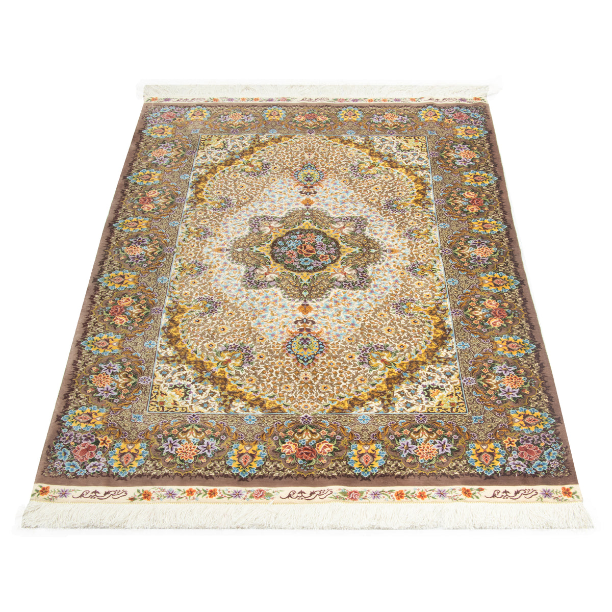 فرش دستباف طرح لچک ترنج تمام ابریشم قم اثر سعید 100 × 161 سانتی‌متر کد 1016845