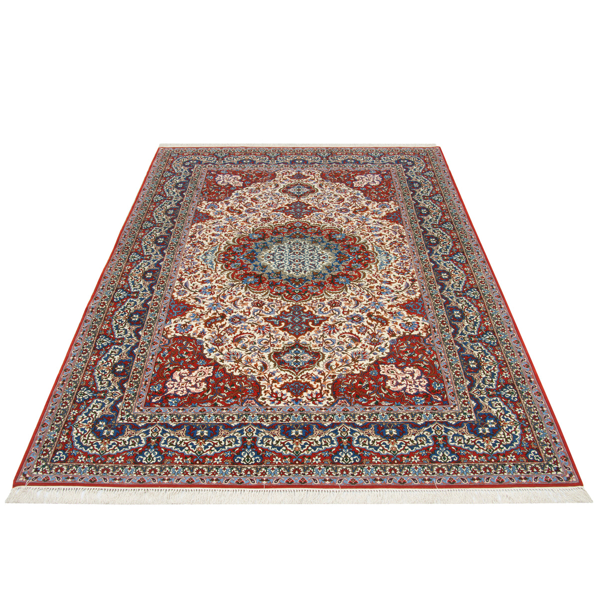 Isfahan Handmade Carpet, Medallion and Corner, Wool on Silk, Ivory, 205 × 305 cm — 1016656