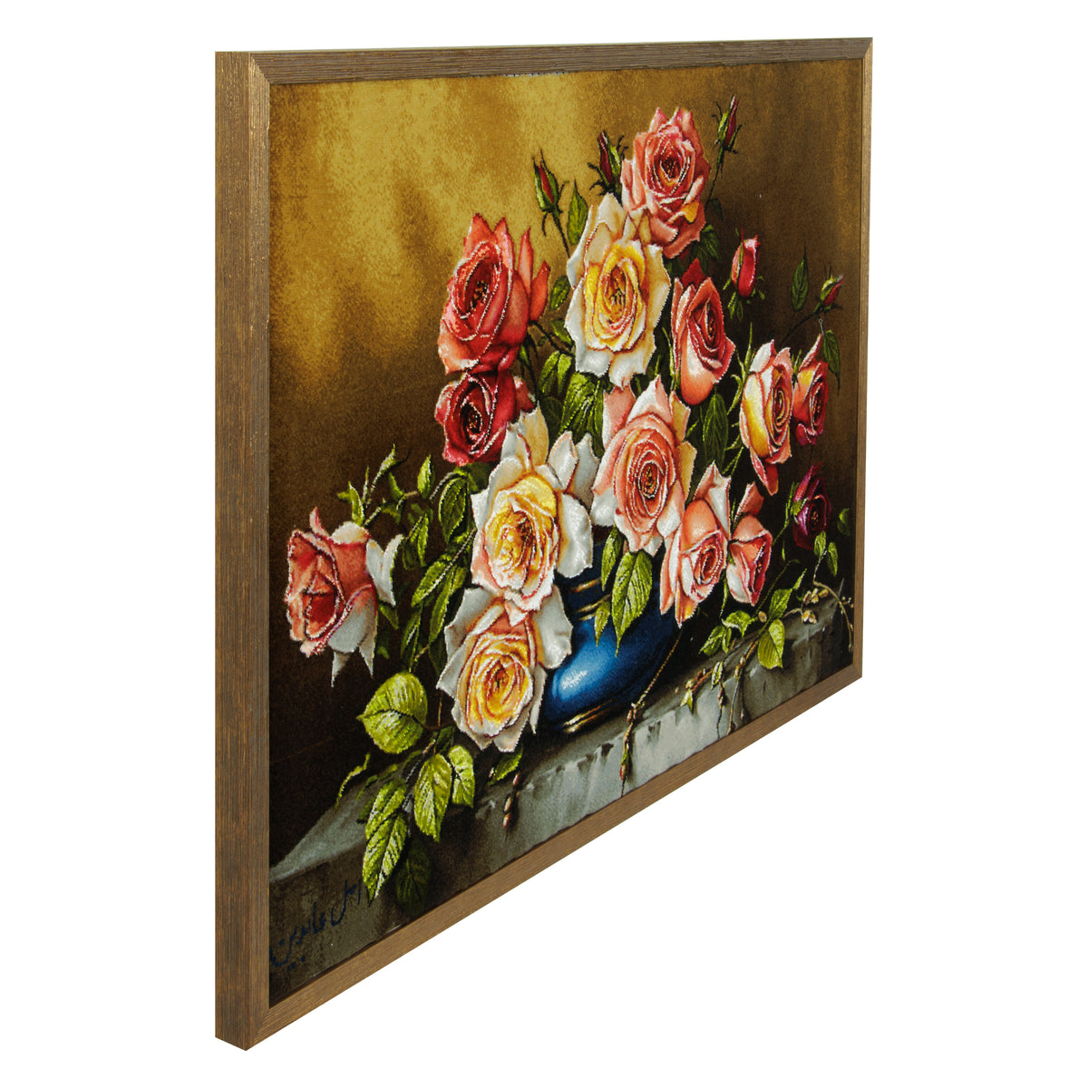 سجاد تصويري يدوي من تبريز بتوقيع اصل عابديني، مزهرية، وبر صوف مع لمسات حرير على سداة حرير، ملون، 60 × 90 سم — 70001569