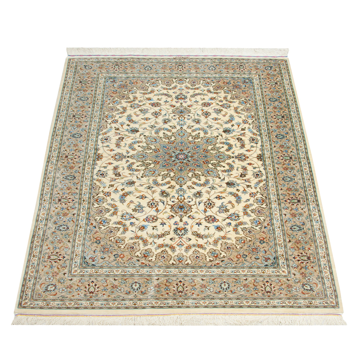 Qom Handmade Carpet by erami, Medallion and Corner, Silk, Ivory, 100 × 153 cm — 1017003