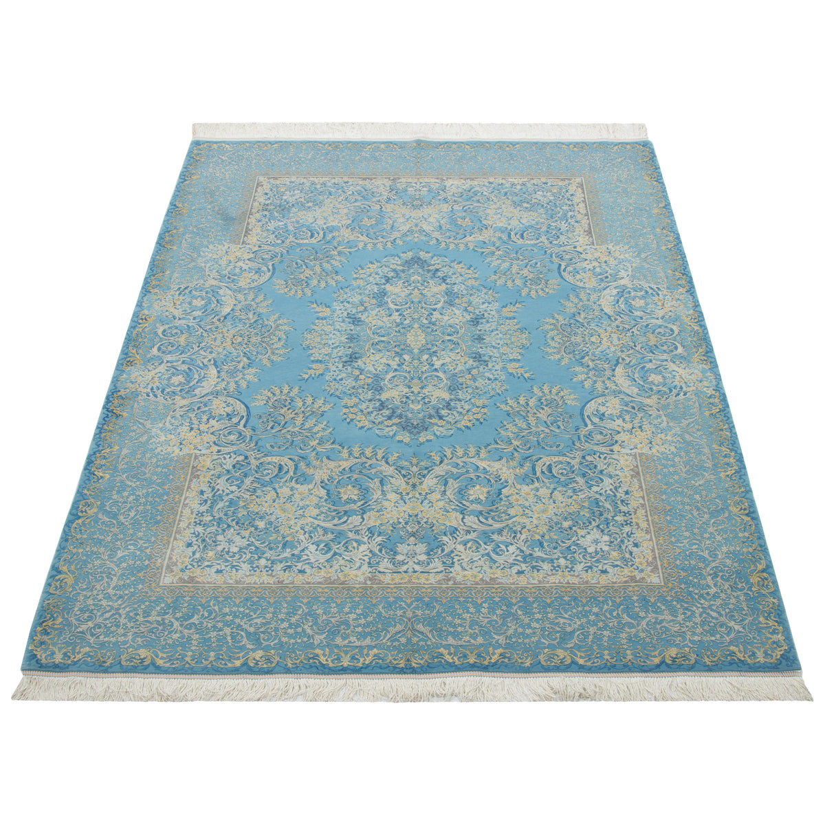 Qom Handmade Carpet by Mirmehdi, Medallion and Corner, Silk, Blue, 140 × 223 cm — 1016761