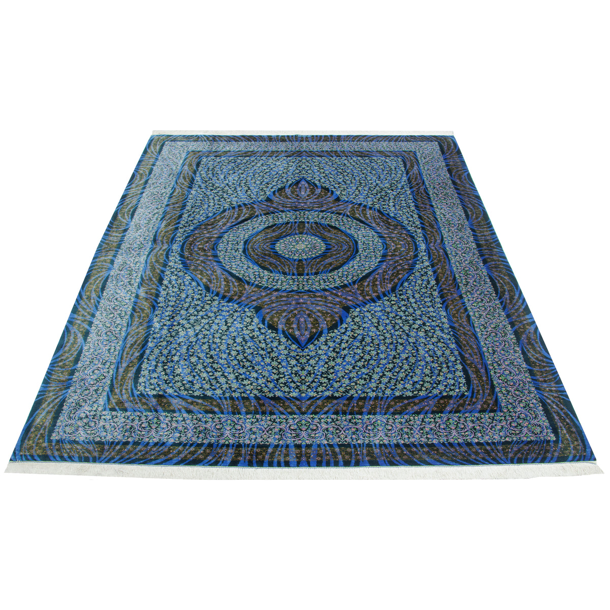 فرش دستباف طرح ترنج دار تمام ابریشم سرمه ای قم اثر موسوی 200 × 297 سانتی‌متر کد 1016608