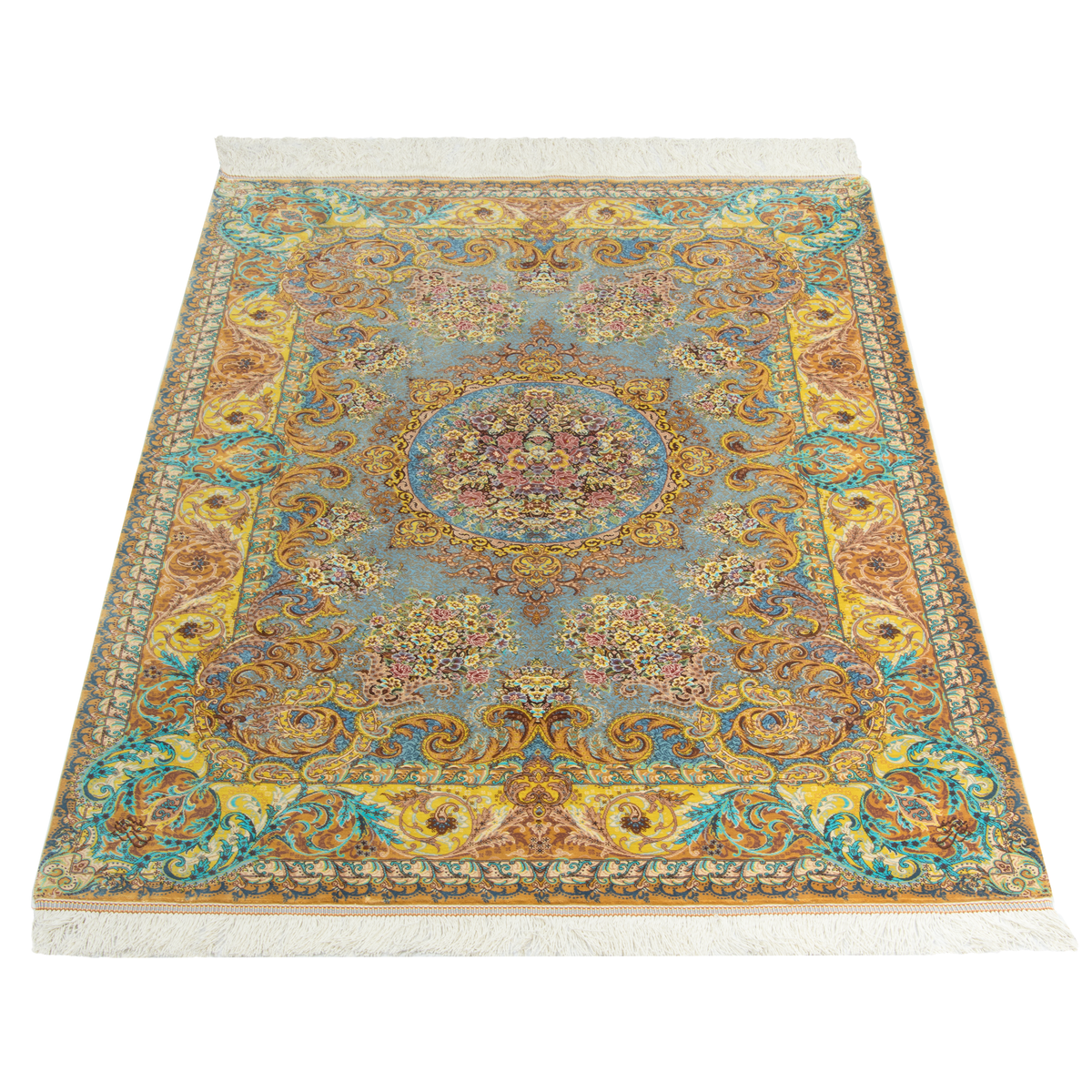 Qom Handmade Carpet by Seyed Morteza Mirmehdi, Medallion and Corner, Silk, Gray, 102 × 152 cm — 1016868