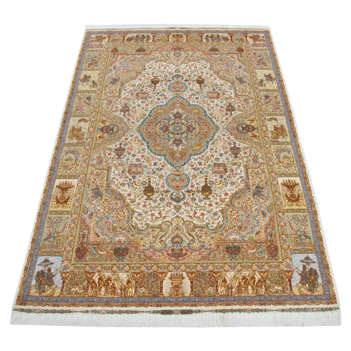 Tabriz Handmade Carpet, Medallion and Corner, Wool & Silk on Silk, Ivory, 200 × 305 cm — 10600959
