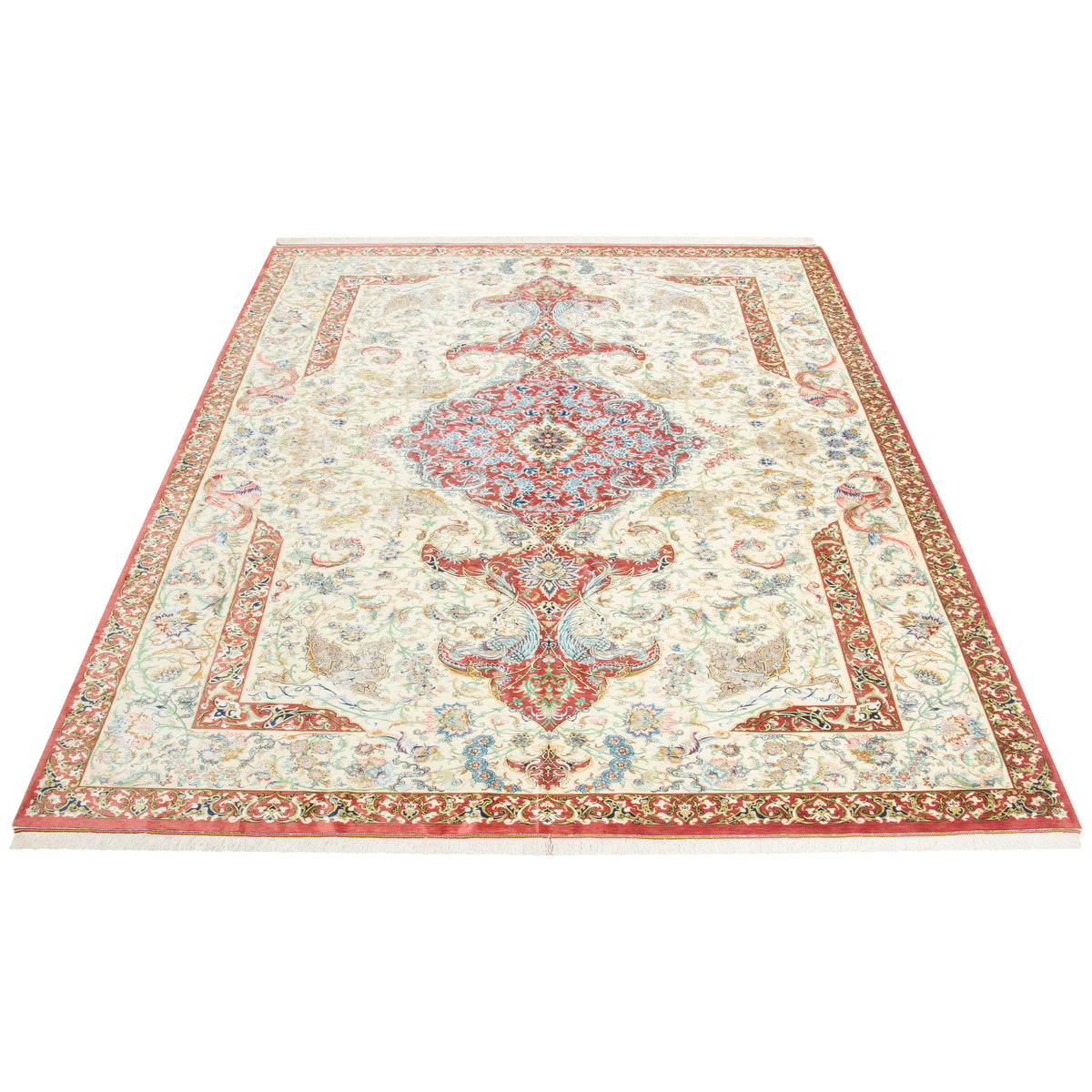 Qom Handmade Carpet by Mohammad Fani, Central Medallion, Silk, Ivory, 200 × 300 cm — 1016927