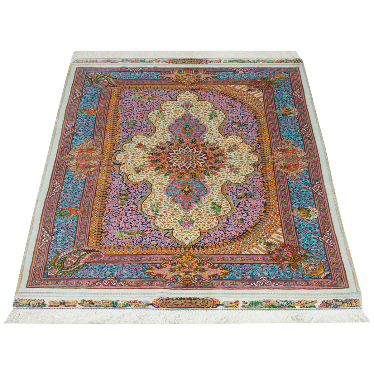 Qom Handmade Carpet by ganjineye honar, Central Medallion, Silk, Navy Blue, 106 × 157 cm — 1016975