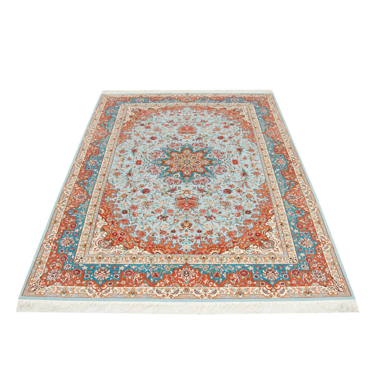 فرش دستباف طرح لچک ترنج گل ابریشم چله ابریشم فیروزه ای تبریز اثر شرکت فرش 216 × 315 سانتی‌متر کد 1016643