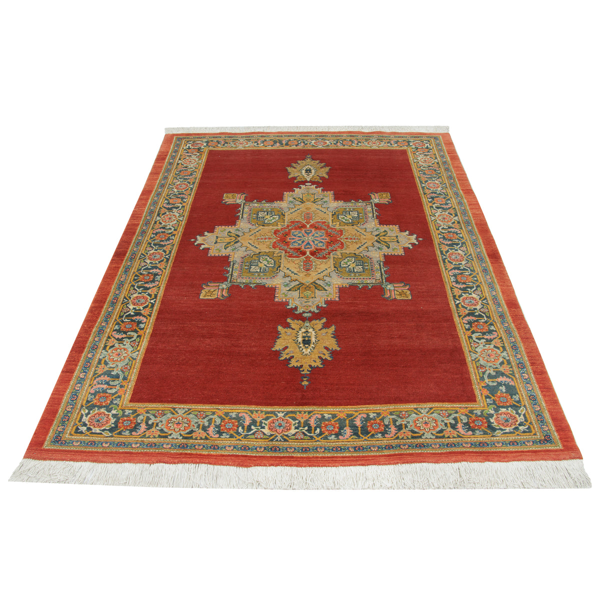 Tabriz Handmade Carpet, Central Medallion, Wool, Lacquer Red, 202 × 305 cm — 1016697