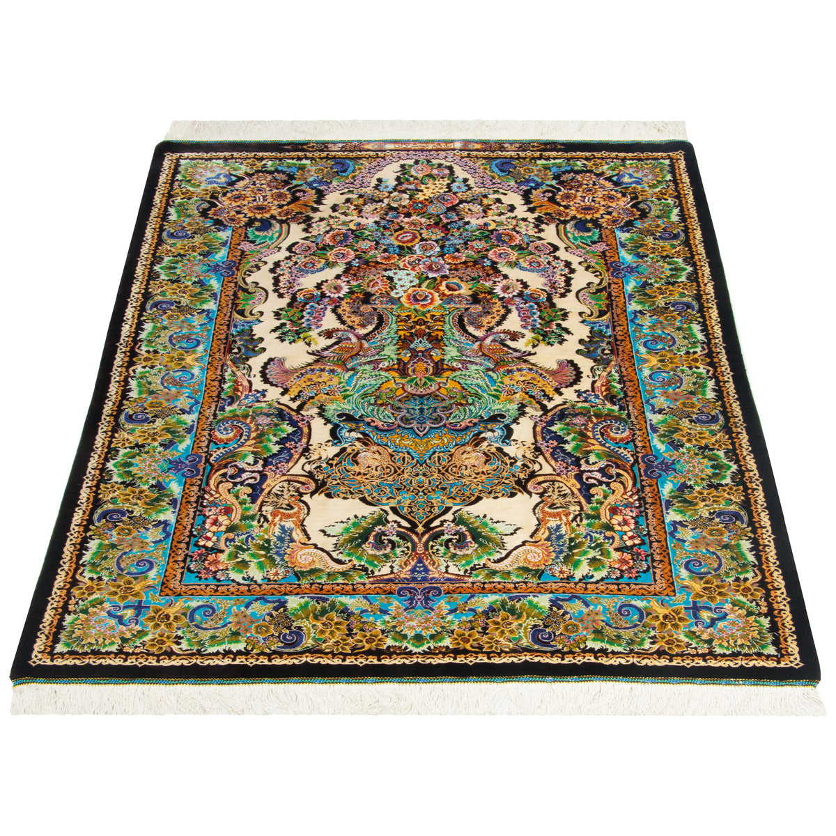 فرش دستباف طرح سراسر تمام ابریشم نخودی قم اثر خوش نژاد 100 × 150 سانتی‌متر کد 1017027