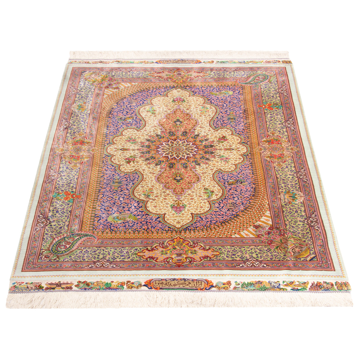 Qom Handmade Carpet by ganjineye honar, Central Medallion, Silk, Navy Blue, Runner, 105 × 157 cm — 1016969