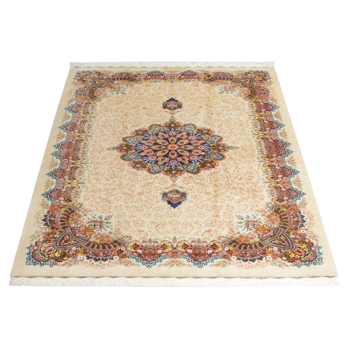 فرش دستباف طرح لچک ترنج تمام ابریشم نخودی قم اثر احمدی 105 × 160 سانتی‌متر کد 1017016