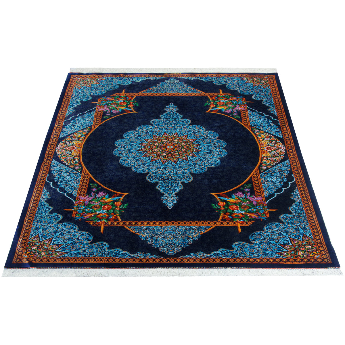 Qom Handmade Carpet by Mousavi, Central Medallion, Silk, Navy Blue, 100 × 150 cm — 1016903