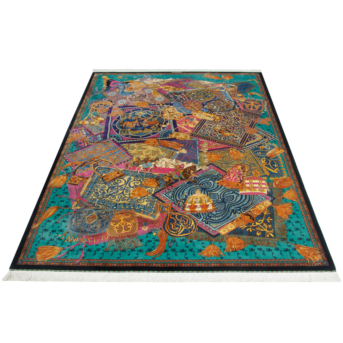 Qom Handmade Carpet by Hosein Kashizadeh, Allover, Silk, Colorful, 202 × 309 cm — 1016541