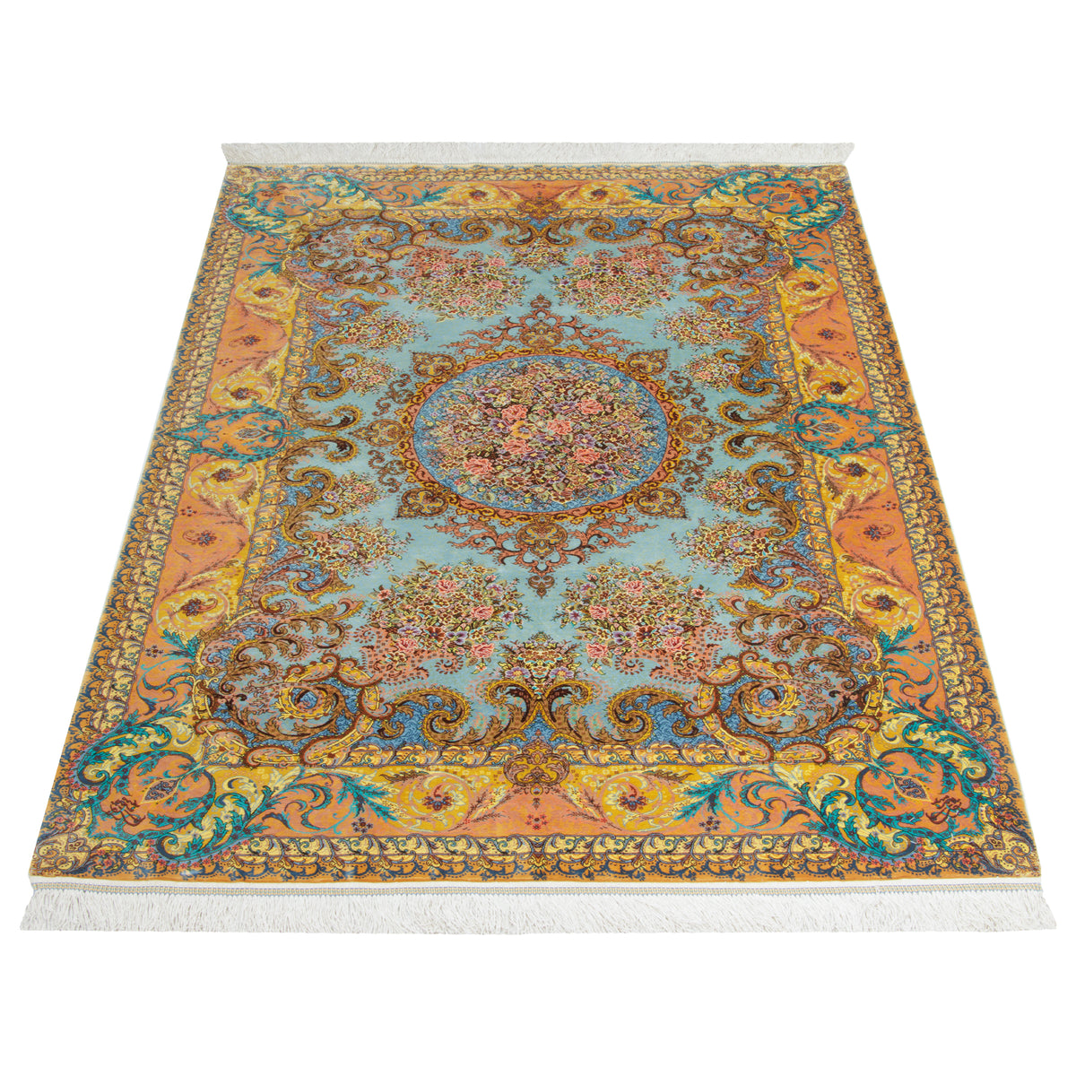 Qom Handmade Carpet by Seyed Morteza Mirmehdi, Medallion and Corner, Silk, Gray, 105 × 160 cm — 1016876