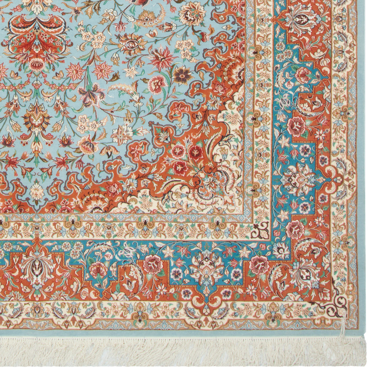 فرش دستباف طرح لچک ترنج گل ابریشم چله ابریشم فیروزه ای تبریز اثر شرکت فرش 216 × 315 سانتی‌متر کد 1016643