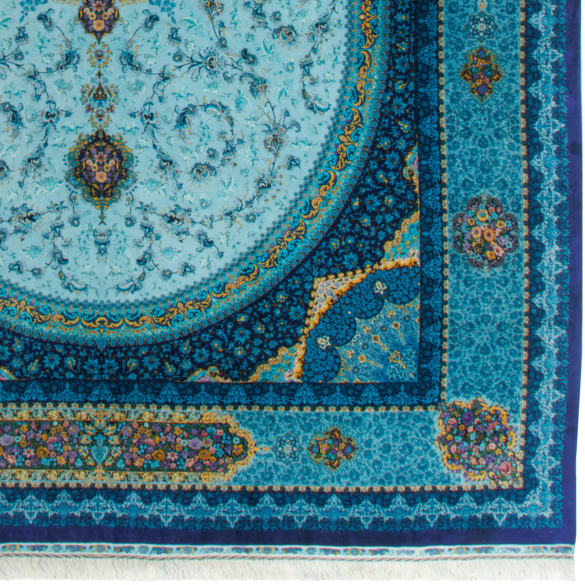 فرش دستباف طرح لچک ترنج تمام ابریشم فیروزه ای قم 350 × 520 سانتی‌متر کد 1016471