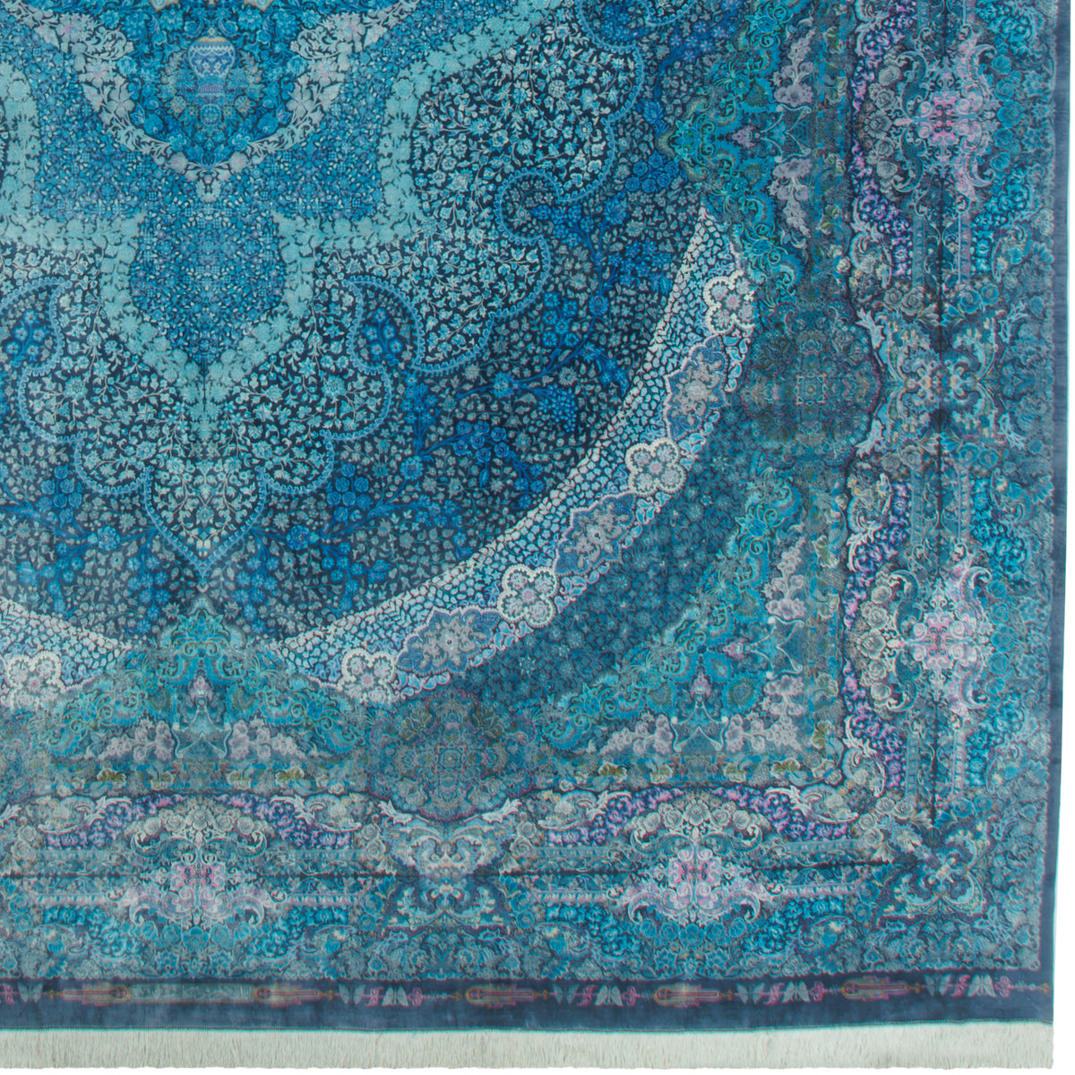 Qom Handmade Carpet, Medallion and Corner, Silk, Turquoise, 335 × 500 cm — 1016483