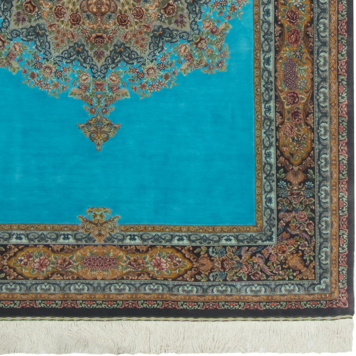 Qom Handmade Carpet by Hosein Kashizadeh, Central Medallion, Silk, Turquoise, 135 × 207 cm — 1016447