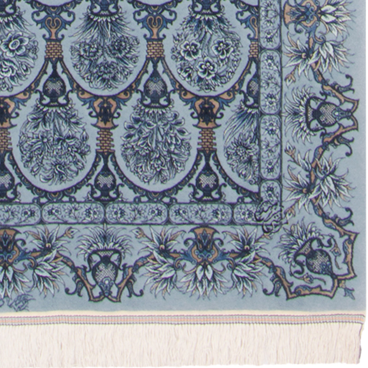 Qom Handmade Carpet by Seyed Morteza Mirmehdi, Allover, Silk, Grey, Runner, 80 × 310 cm — 1016942