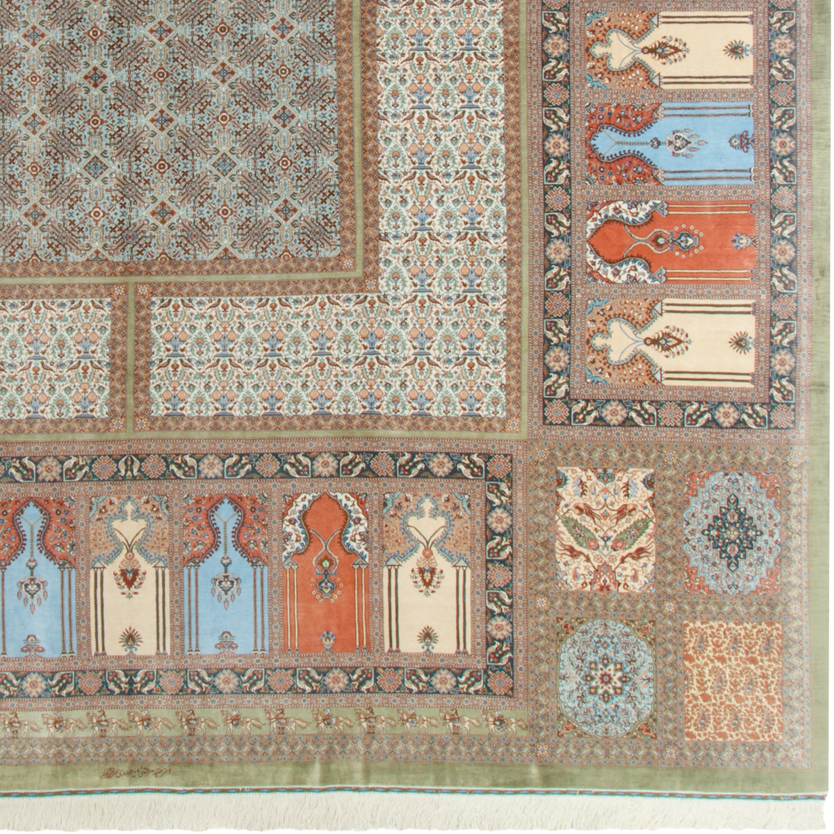 سجاد يدوي من قم، إطاري، حرير خالص، عاجي، 300 × 355 سم — 1016494