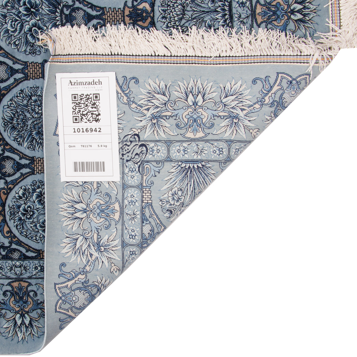 Qom Handmade Carpet by Seyed Morteza Mirmehdi, Allover, Silk, Grey, Runner, 80 × 310 cm — 1016942