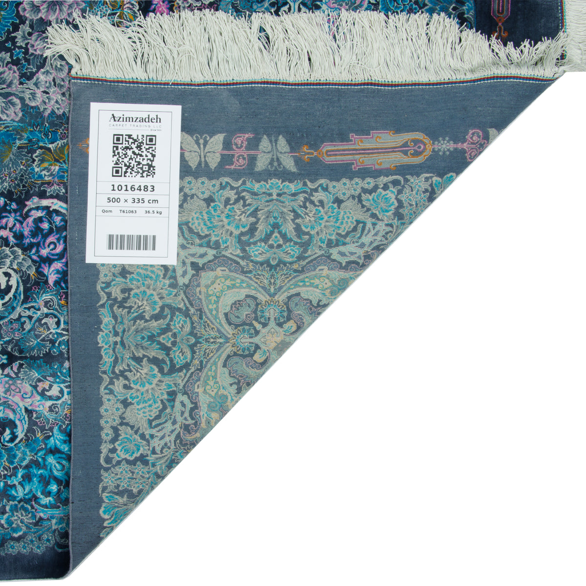 Qom Handmade Carpet, Medallion and Corner, Silk, Turquoise, 335 × 500 cm — 1016483