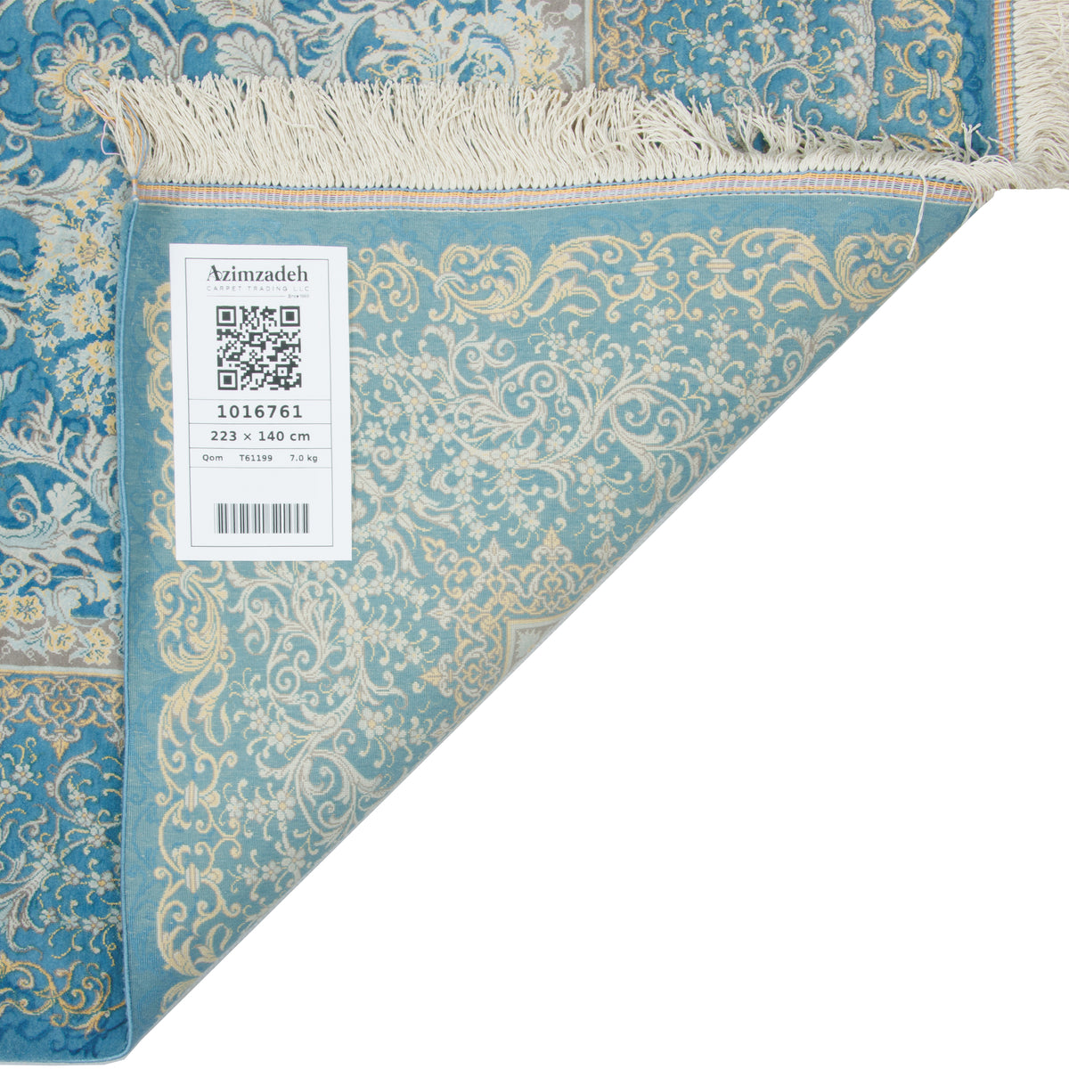 Qom Handmade Carpet by Mirmehdi, Medallion and Corner, Silk, Blue, 140 × 223 cm — 1016761