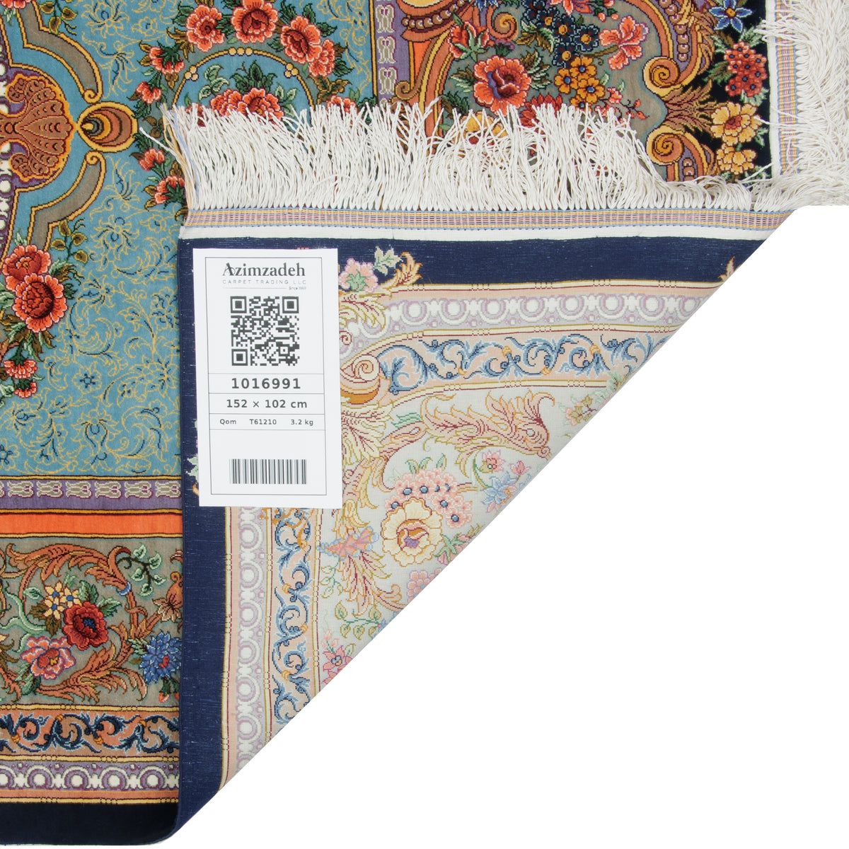 فرش دستباف طرح ترنج دار تمام ابریشم آبی قم اثر سید مرتضی میر مهدی 102 × 152 سانتی‌متر کد 1016991