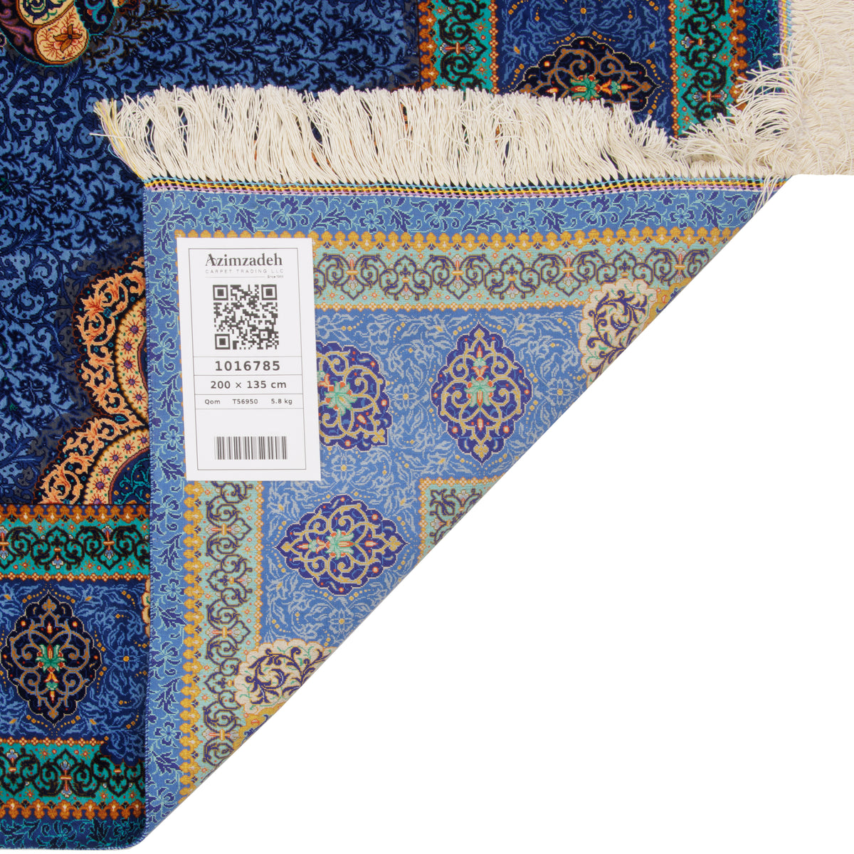 فرش دستباف طرح لچک ترنج تمام ابریشم آبی قم اثر حسین کاشی زاده 135 × 200 سانتی‌متر کد 1016785