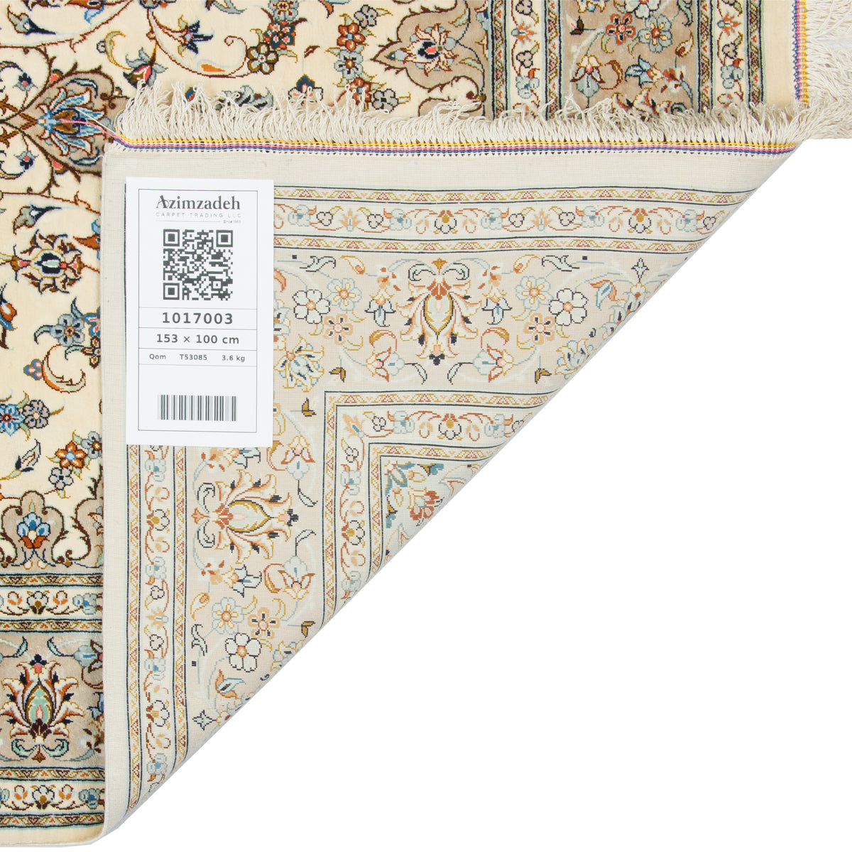 Qom Handmade Carpet by erami, Medallion and Corner, Silk, Ivory, 100 × 153 cm — 1017003
