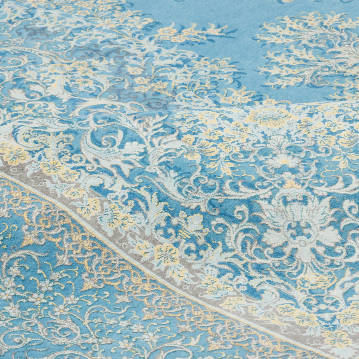 Qom Handmade Carpet by Mirmehdi, Medallion and Corner, Silk, Blue, 140 × 223 cm — 1016761