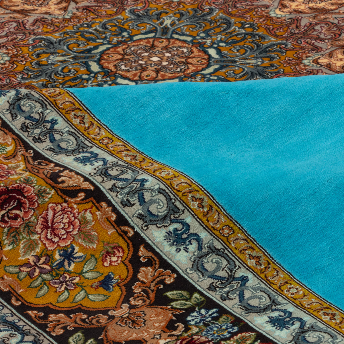 Qom Handmade Carpet by Hosein Kashizadeh, Central Medallion, Silk, Turquoise, 135 × 207 cm — 1016447